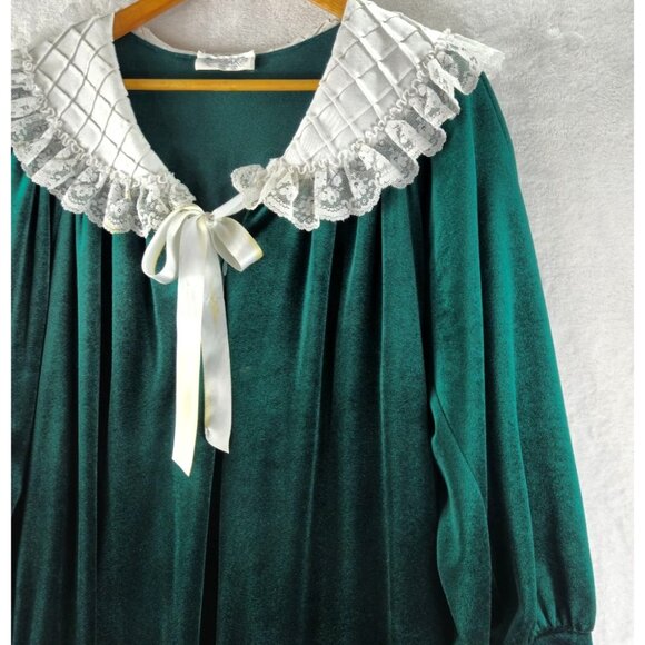Komar Vtg 90s Housecoat Robe Nightgown M Dark Green Velvet White Collar Lace USA - Picture 14 of 16